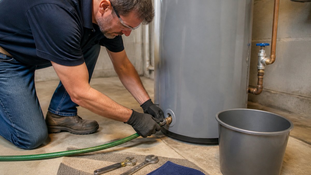A homeowner in work gloves attaching a garden hose to the drain valve at the base of a residential tank water heater in a clean basement, with a bucket nearby and the cold-water inlet shutoff visible