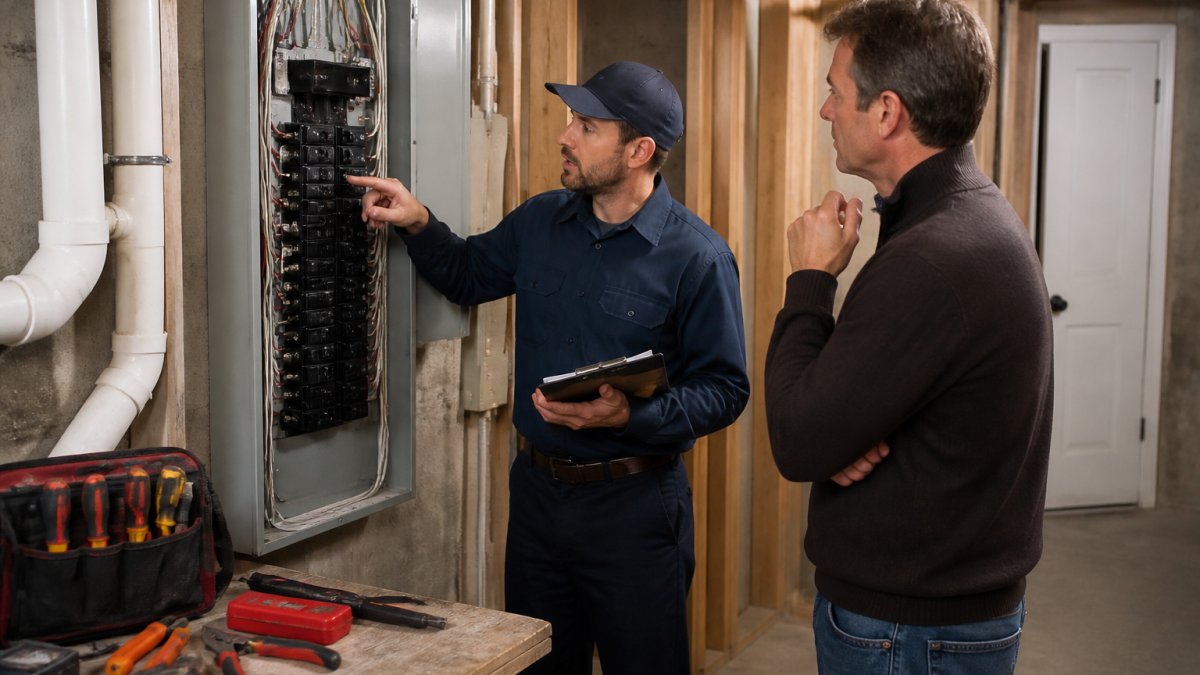 Licensed electrician using a clipboard for an electrical safety inspection while talking to a homeowner
