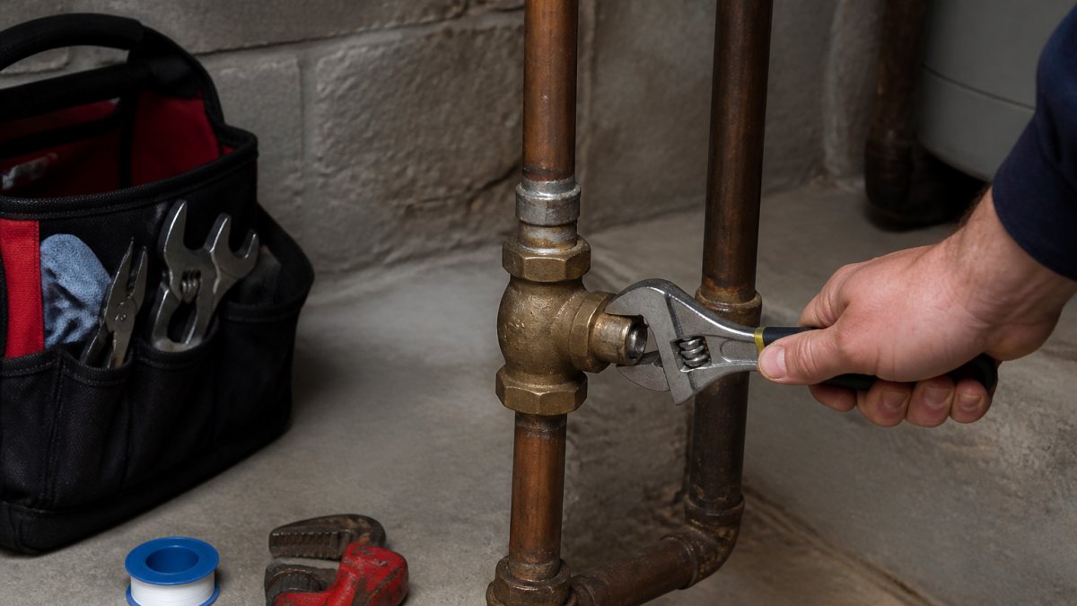 Homeowner's hand turning off a main water shutoff valve located in a basement, the brass valve clearly visible with a wrench positioned to turn it