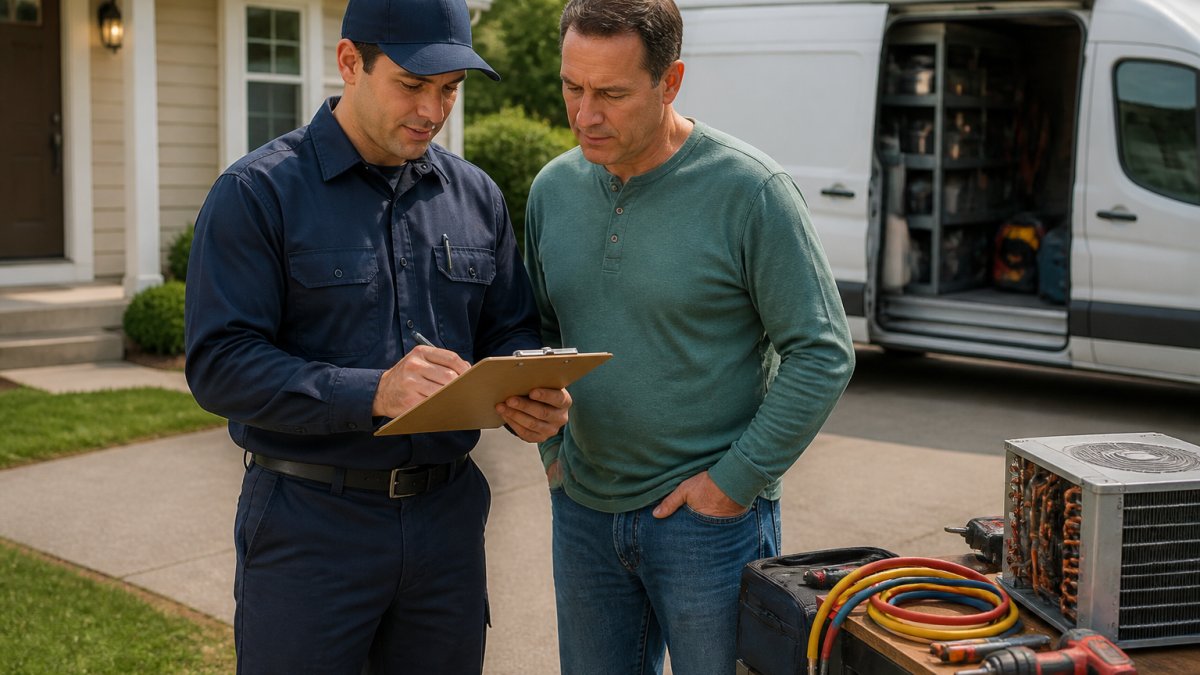 A certified HVAC technician in uniform reviewing a clipboard with a homeowner in a suburban driveway, service van visible in the background