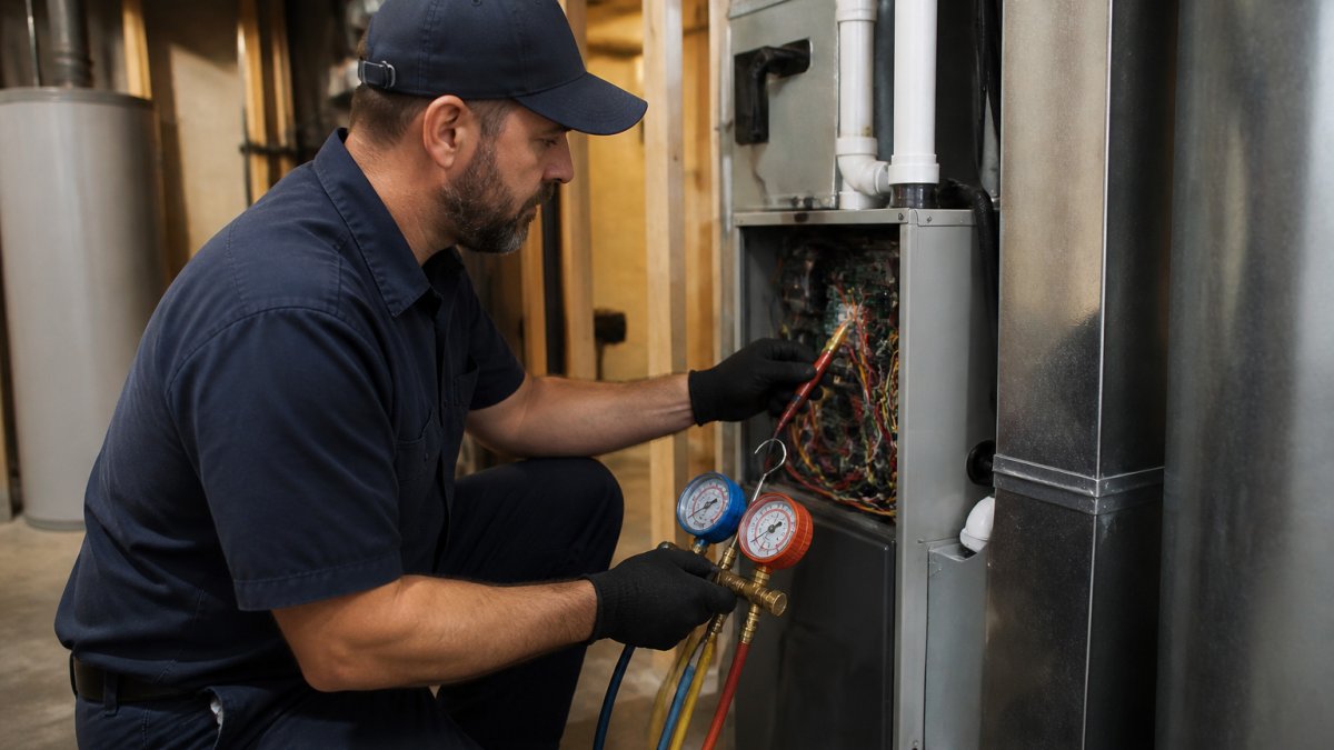 Technician inspecting a furnace during an HVAC preventative maintenance plan visit